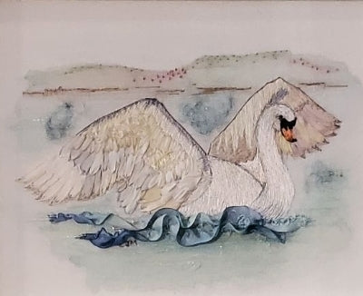 Artistic depiction of a swan with outstretched wings on a watercolor background