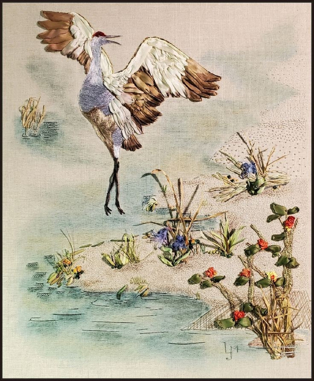 Illustration of a crane bird flying over water and plants with flowers.