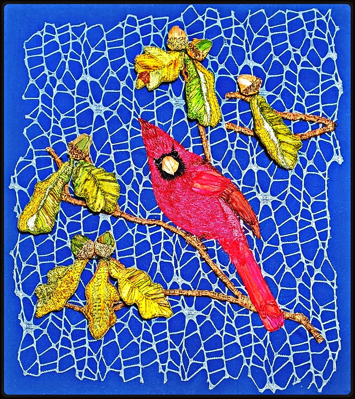 Cardinal among oak leaves and acorns on blue background with mesh overlay. - Waiting to be framed.