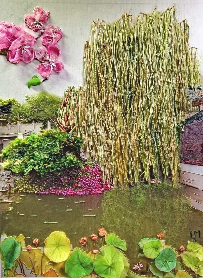 Artistic depiction of a garden scene with flowers, plants, and water.