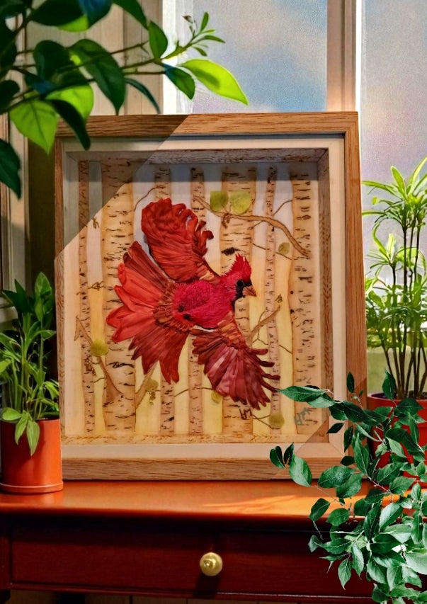 Framed cardinal in flight embroidered on a background of water colored birch trees.